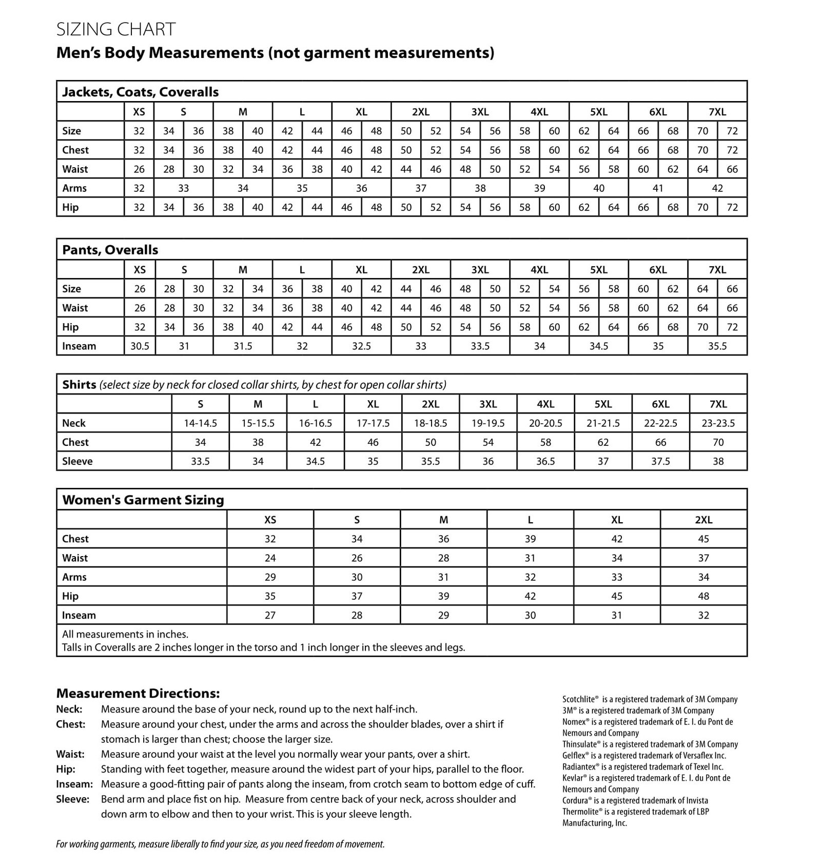 Pioneer Coverall Size Chart